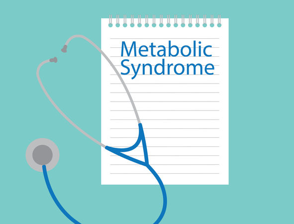 Metabolic syndrome written on a notebook page with a stethoscope on top